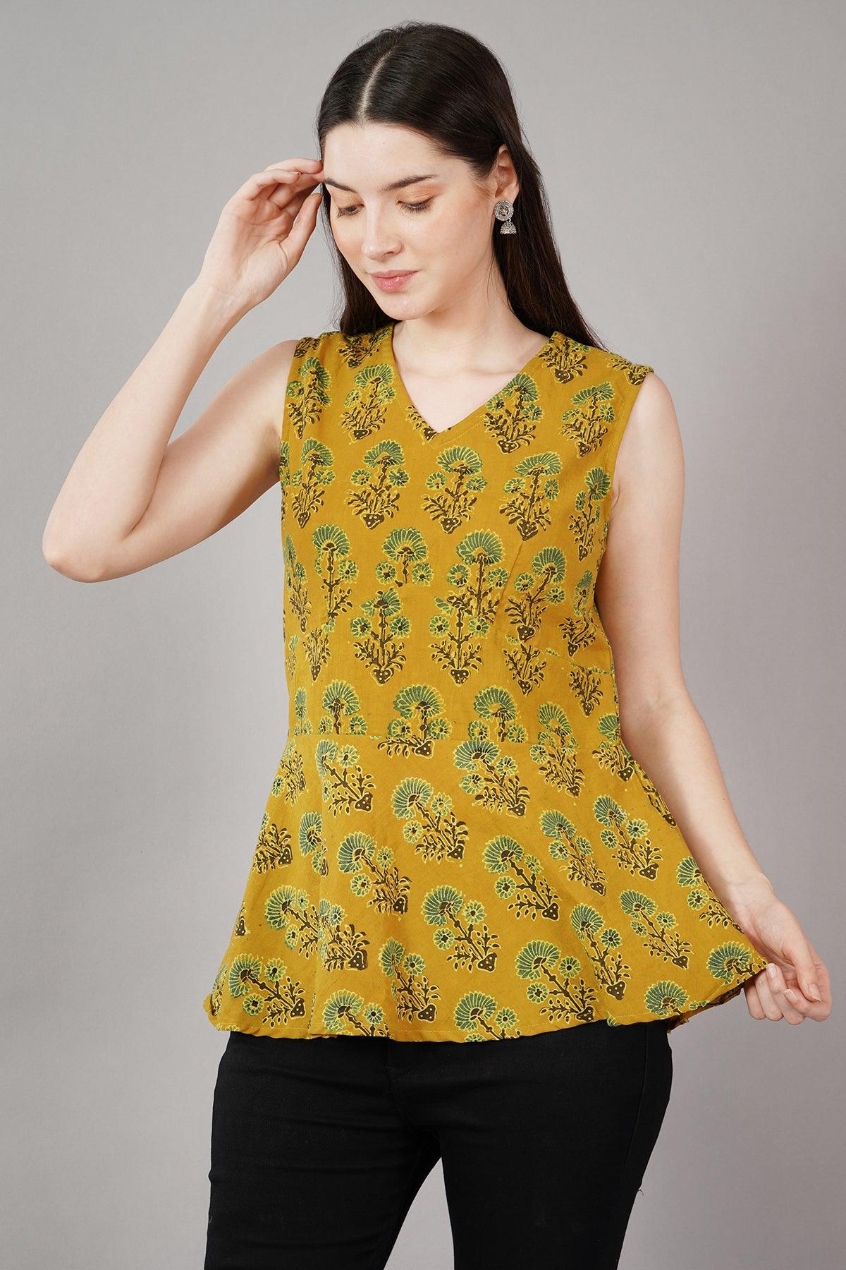 Mustard Ajrak Print Slim Fit Top Navsyaa