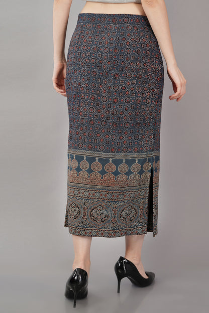 Indigo Ajrak cotton midi skirt