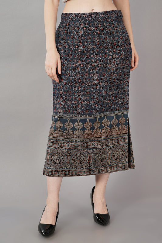 Indigo Ajrak cotton midi skirt