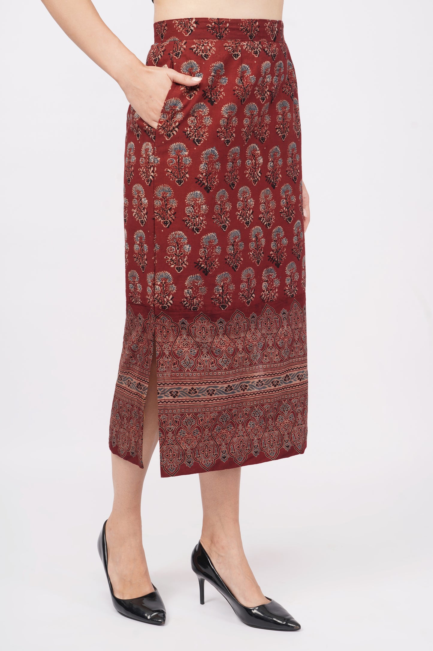 Maroon handcrafted cotton skirt for women