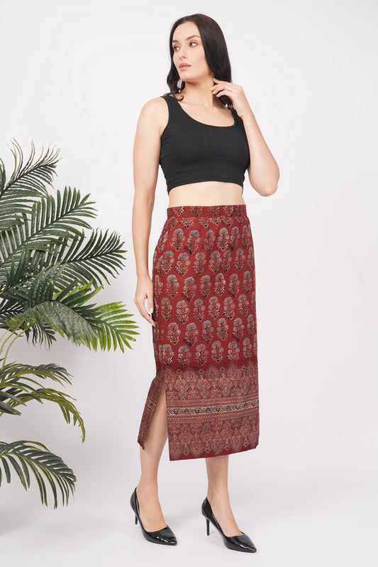 Maroon handcrafted cotton skirt for women