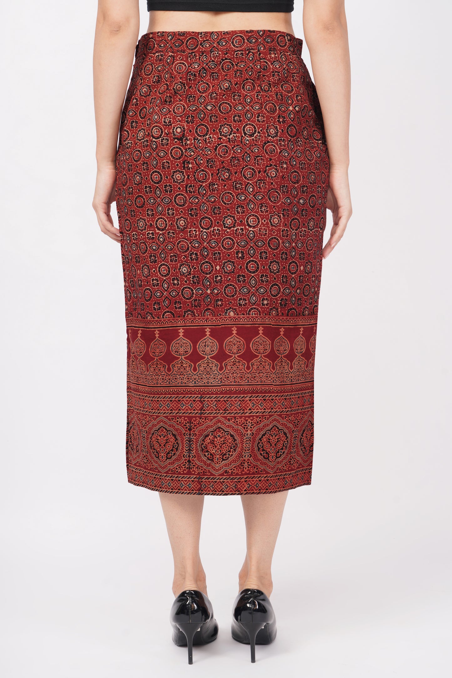 Maroon Ajrakh printed cotton skirts for women