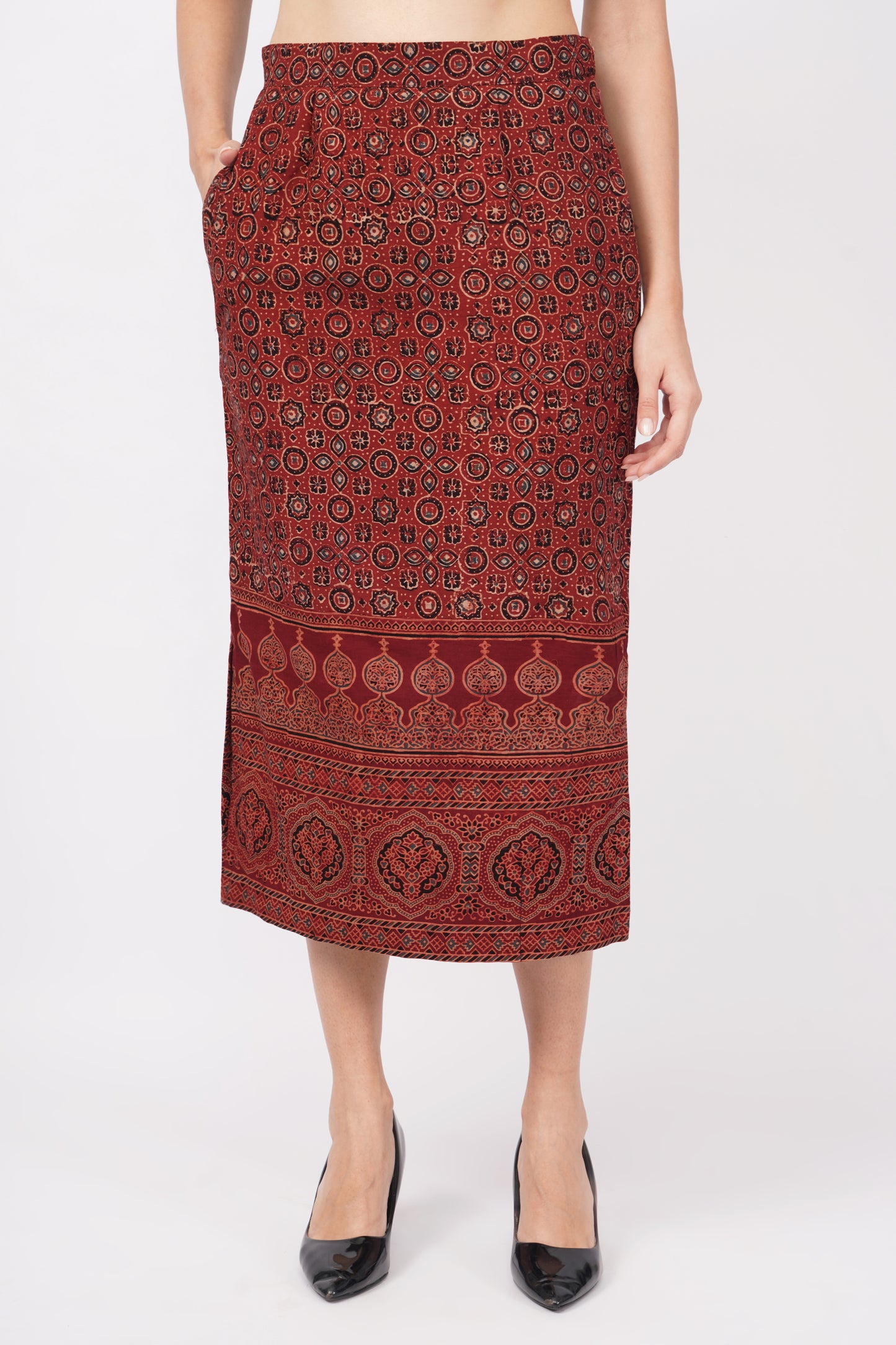 Maroon Ajrakh printed cotton skirts for women