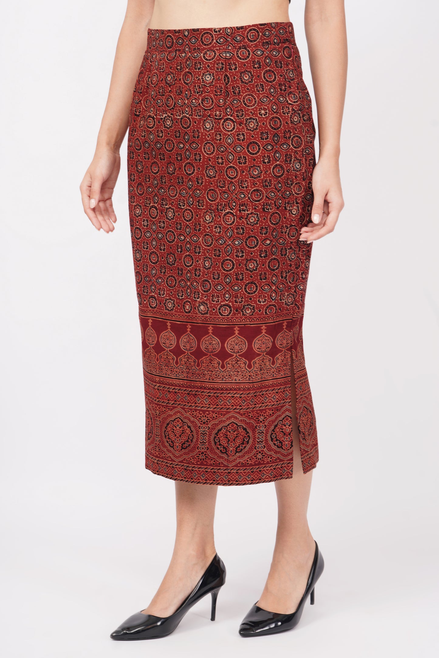 Maroon Ajrakh printed cotton skirts for women