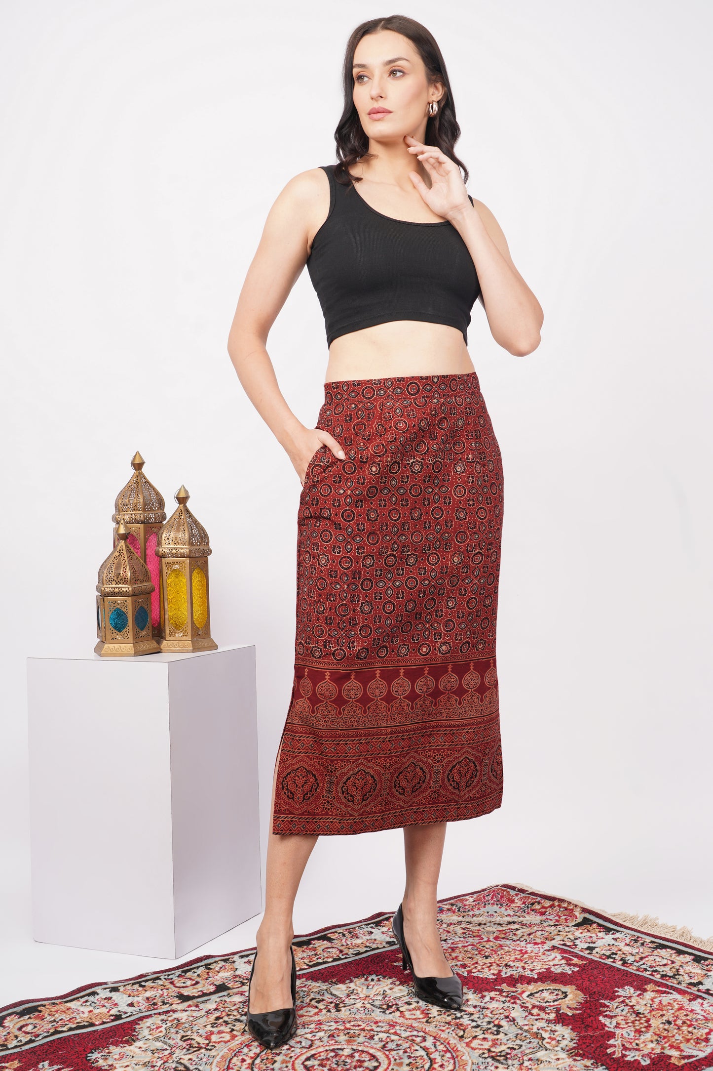 Maroon Ajrakh printed cotton skirts for women