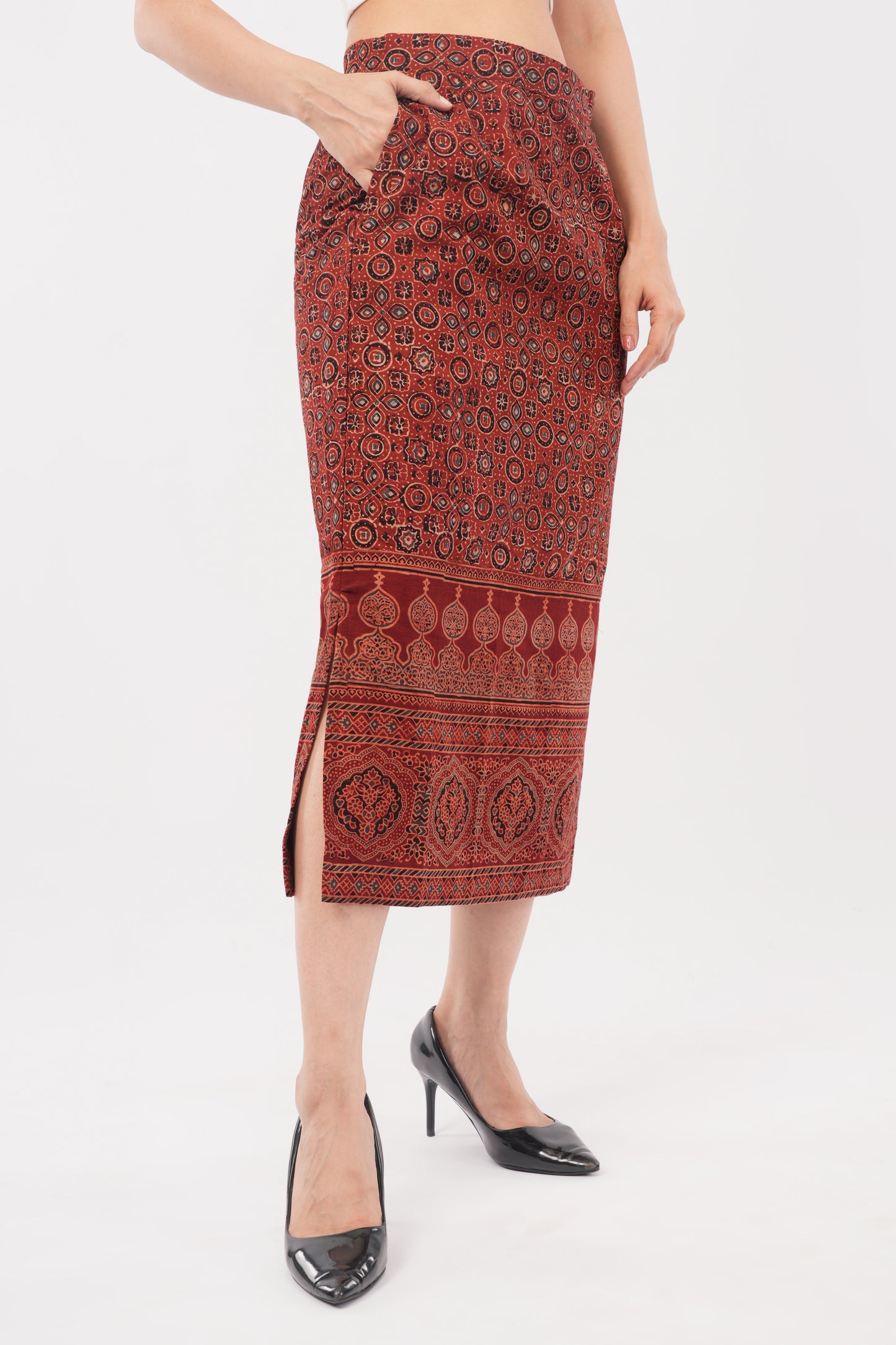 Maroon Ajrakh printed cotton skirts for women