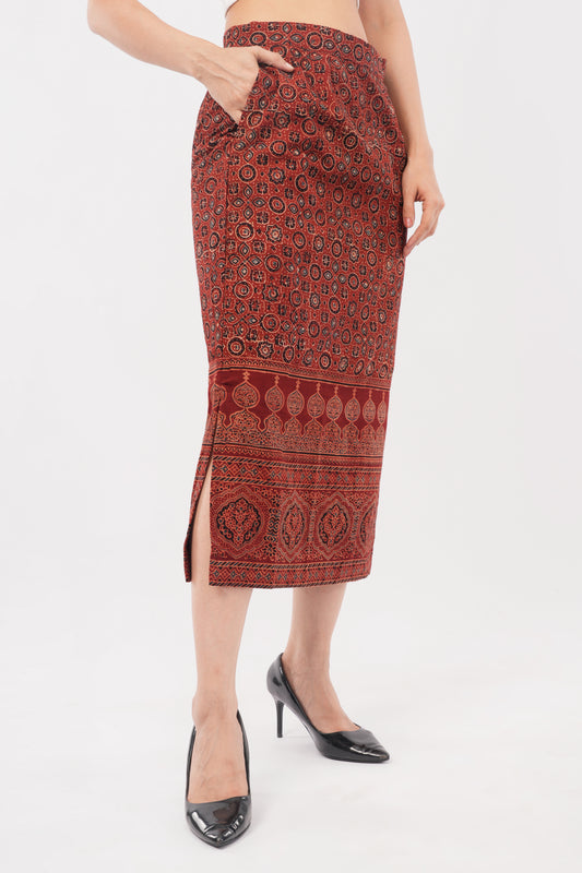 Maroon Ajrakh printed cotton skirts for women
