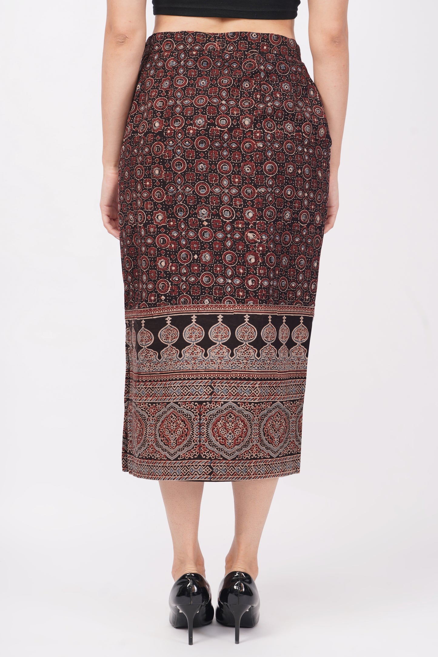 Black ajrakjh printed cotton skirts for women