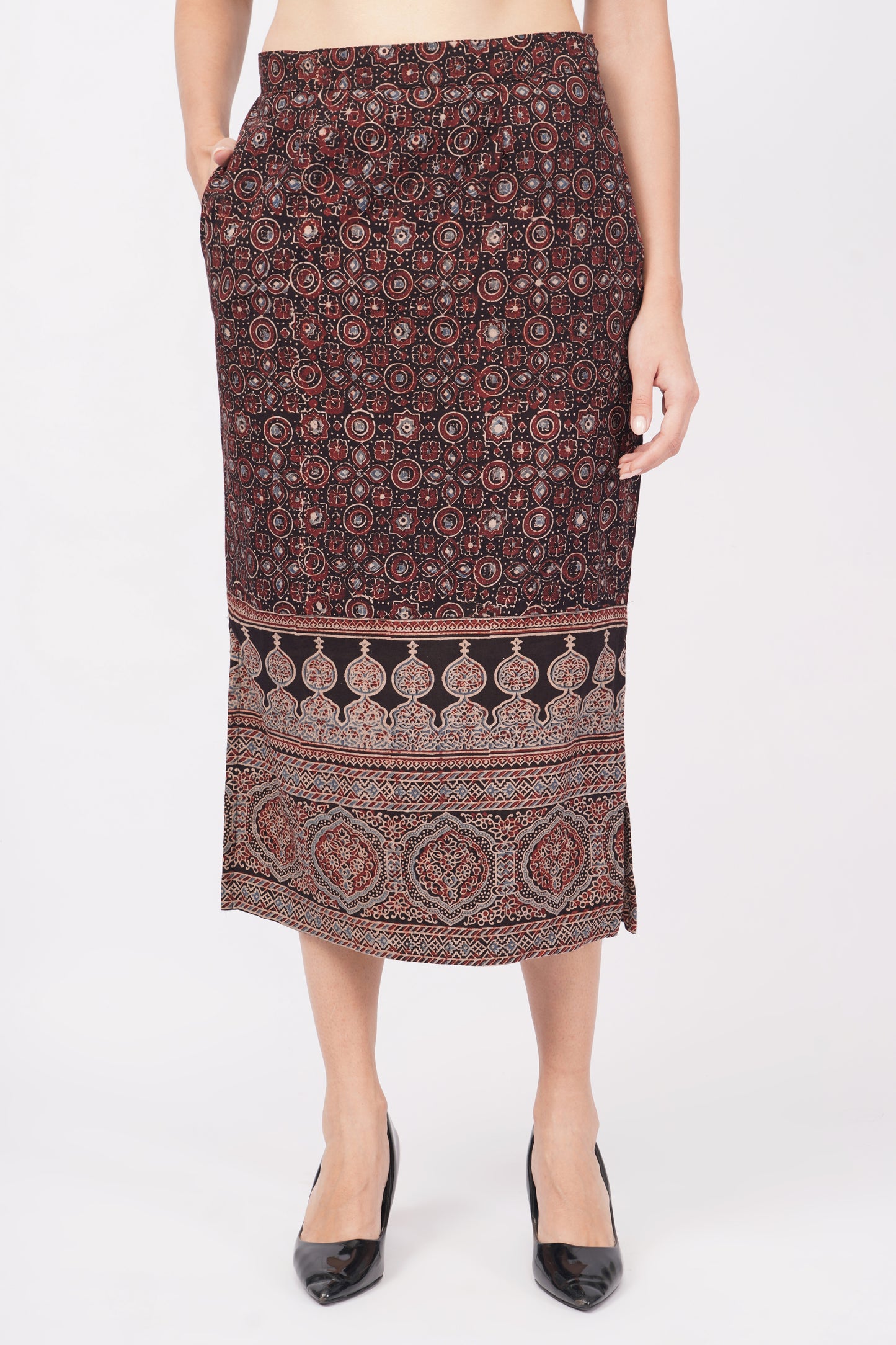 Black ajrakjh printed cotton skirts for women