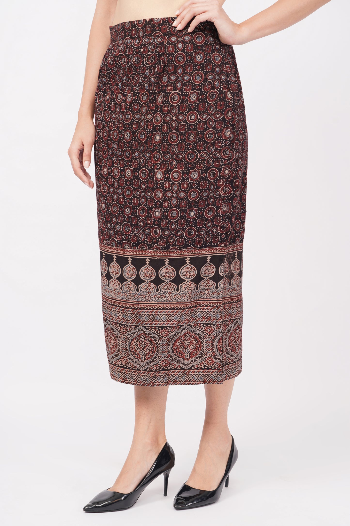 Black ajrakjh printed cotton skirts for women