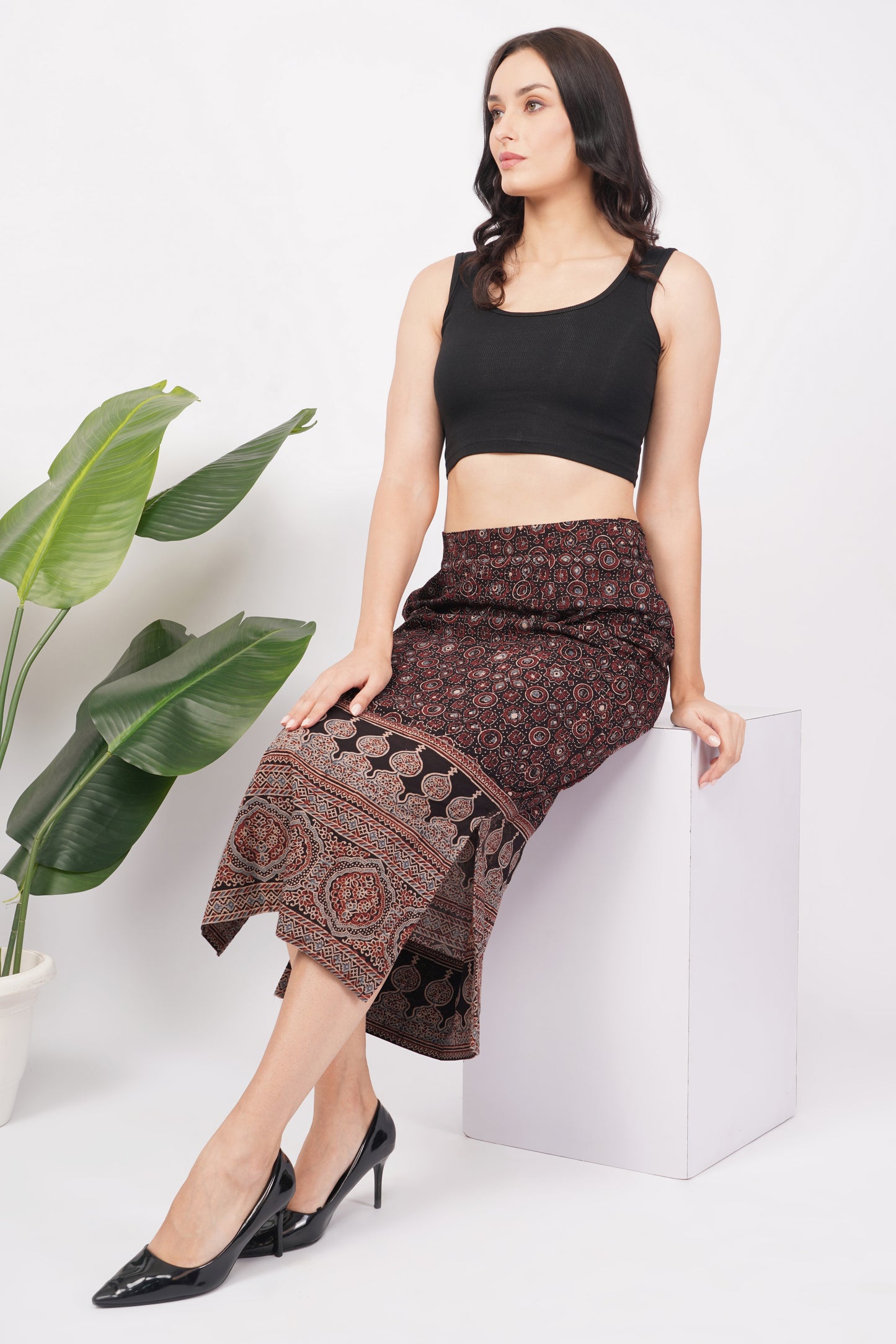 Black ajrakjh printed cotton skirts for women