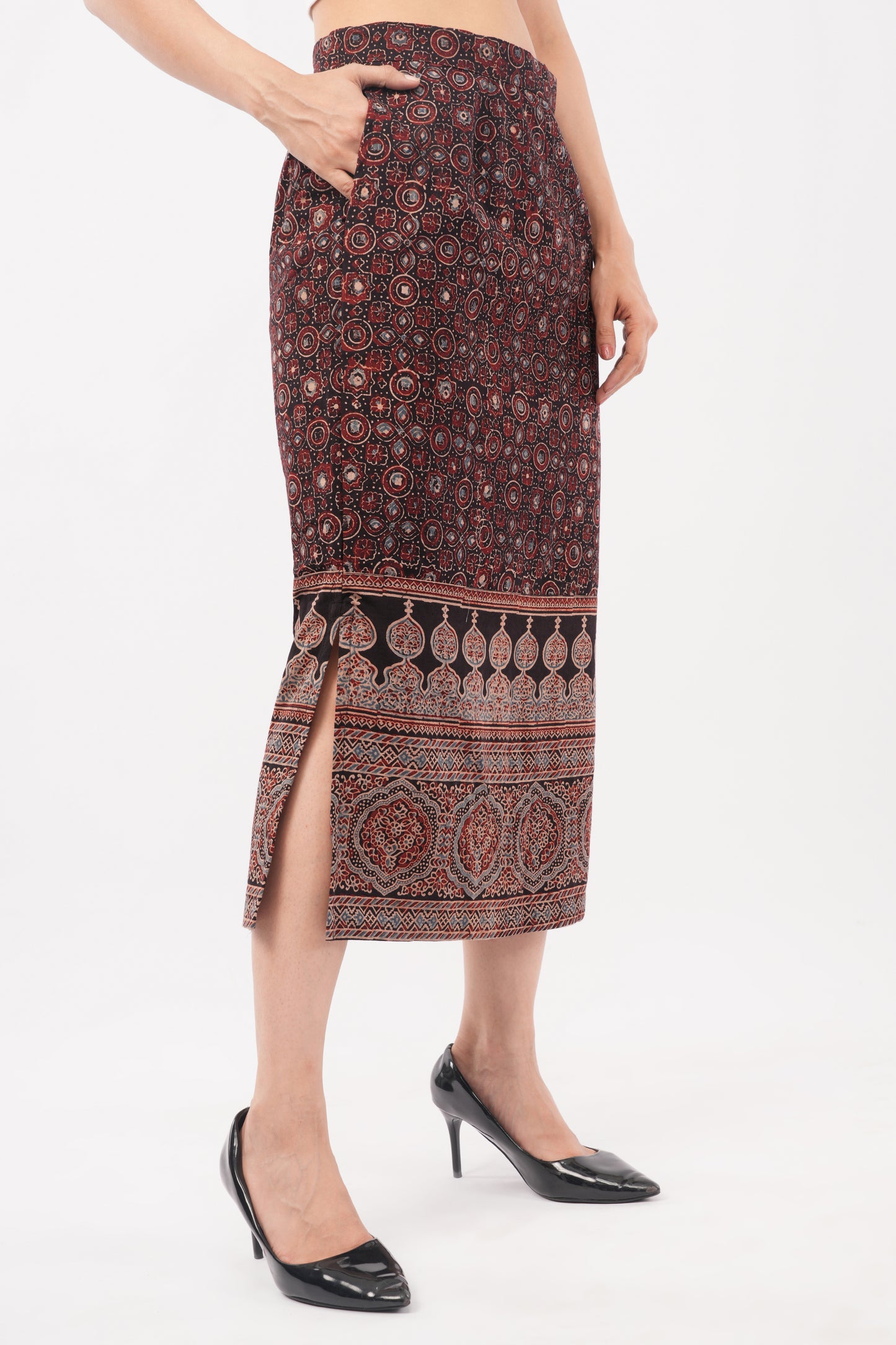 Black ajrakjh printed cotton skirts for women