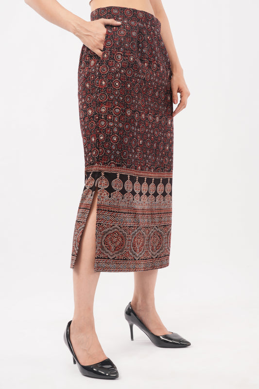 Black ajrakjh printed cotton skirts for women