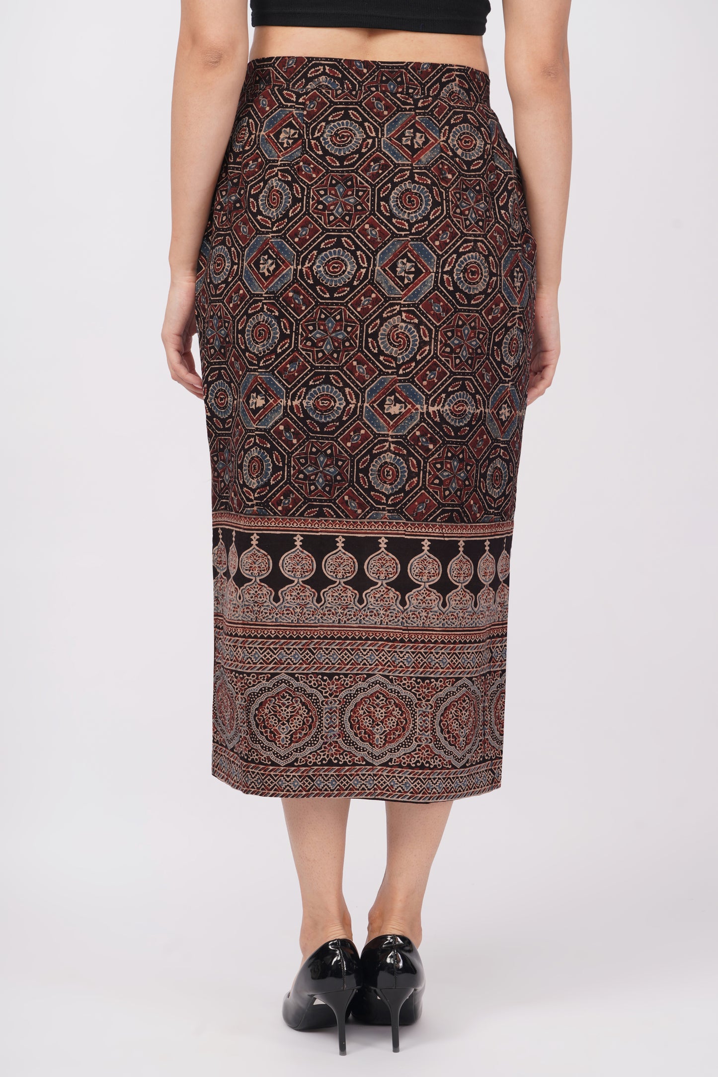 Black pure cotton ajrak printed straight skirt for women