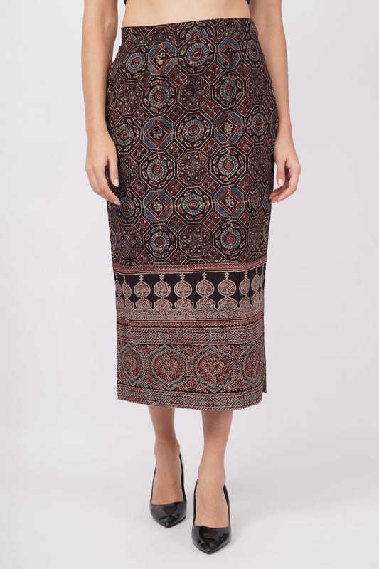 Black pure cotton ajrak printed straight skirt for women