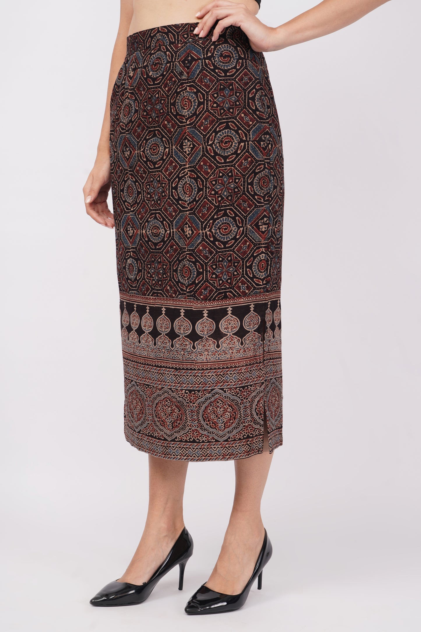 Black pure cotton ajrak printed straight skirt for women