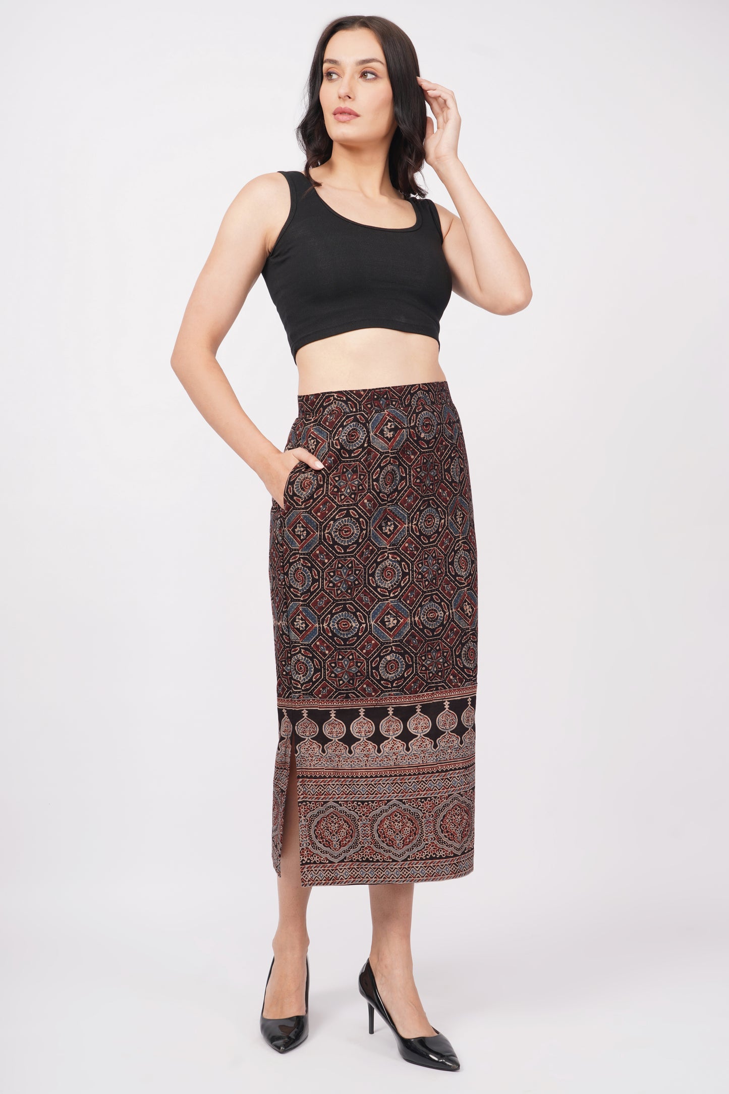 Black pure cotton ajrak printed straight skirt for women