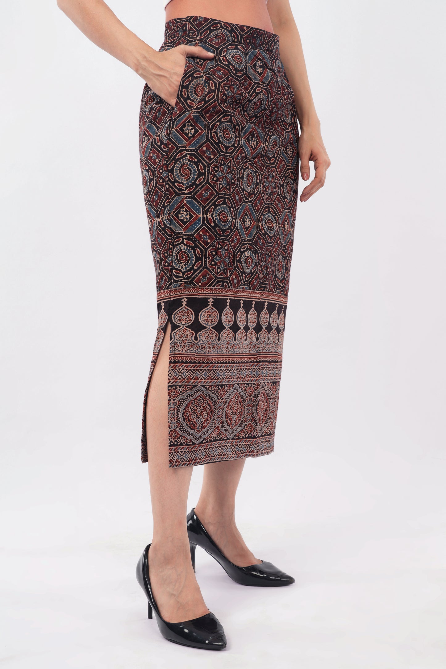 Black pure cotton ajrak printed straight skirt for women