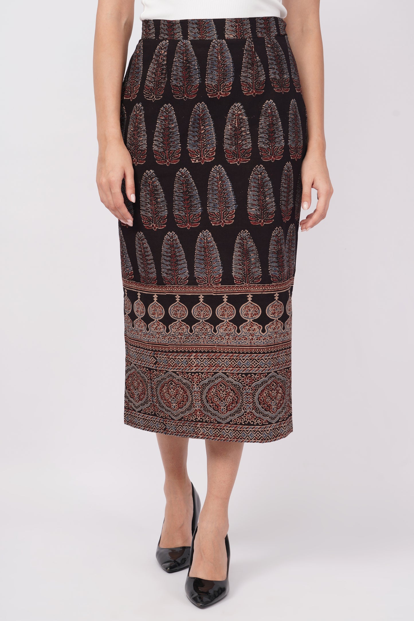 Black cotton Ajrak print skirt for women