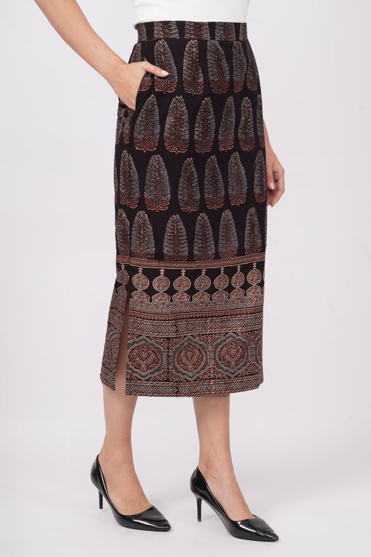 Black cotton Ajrak print skirt for women