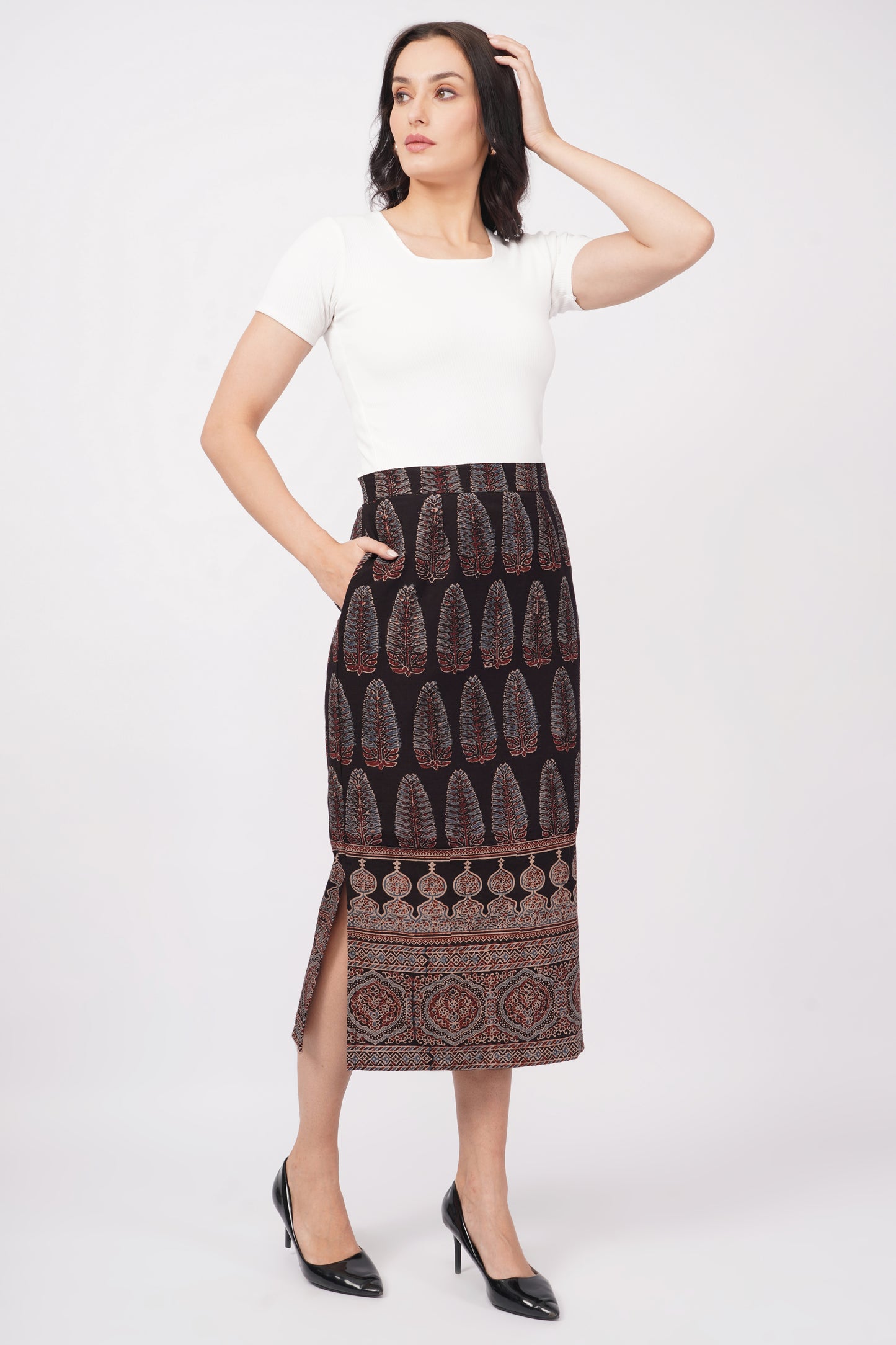 Black cotton Ajrak print skirt for women