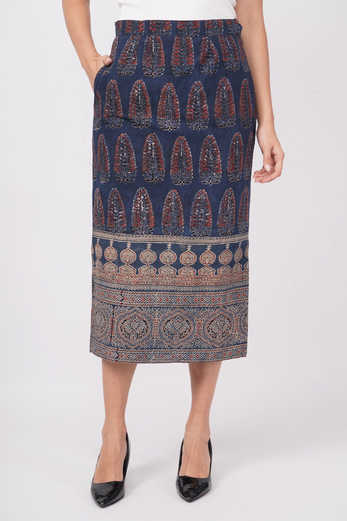 Indigo ajrakh print cotton skirt for women