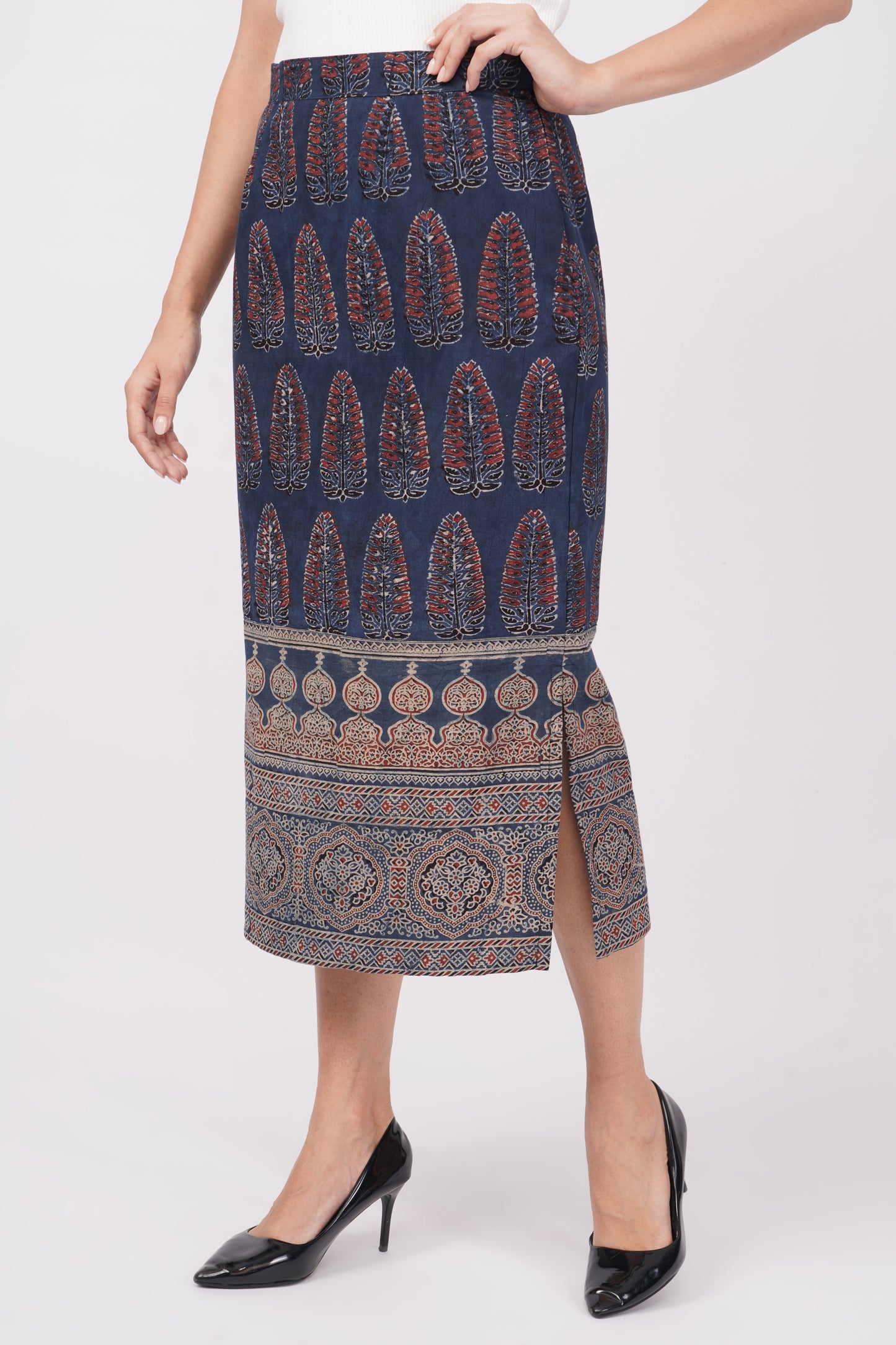 Indigo ajrakh print cotton skirt for women