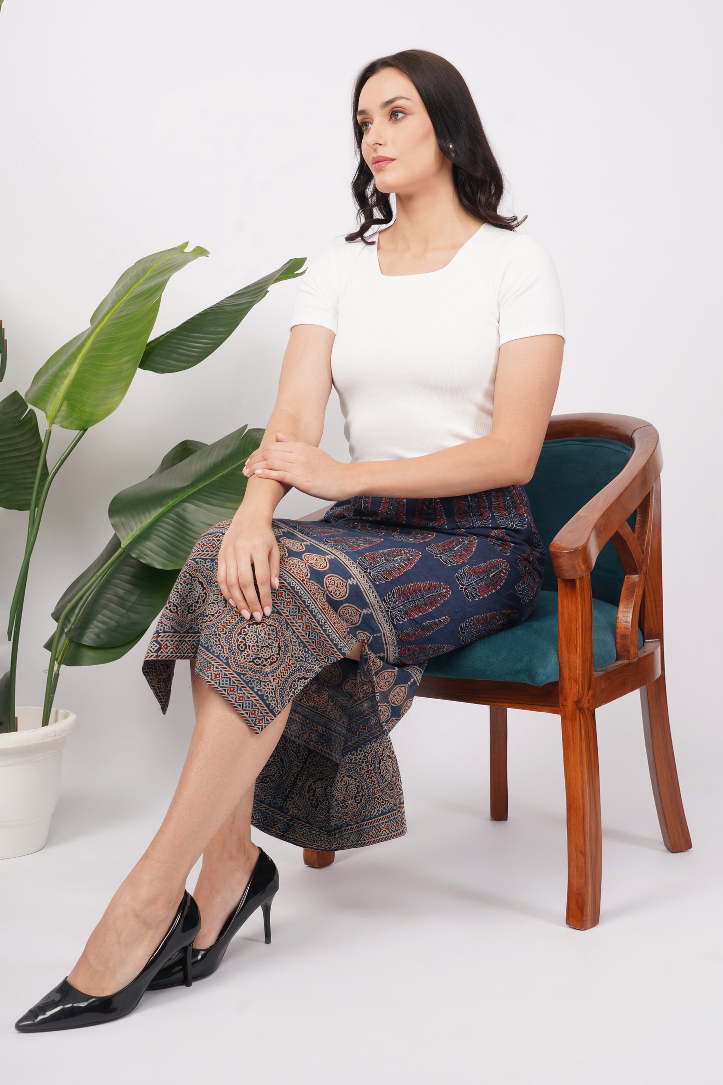 Indigo ajrakh print cotton skirt for women