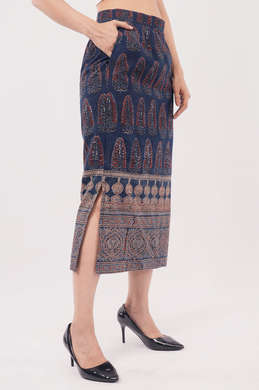 Indigo ajrakh print cotton skirt for women