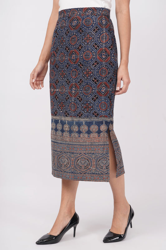 Navy soft cotton Ajrak handprinted skirt for women