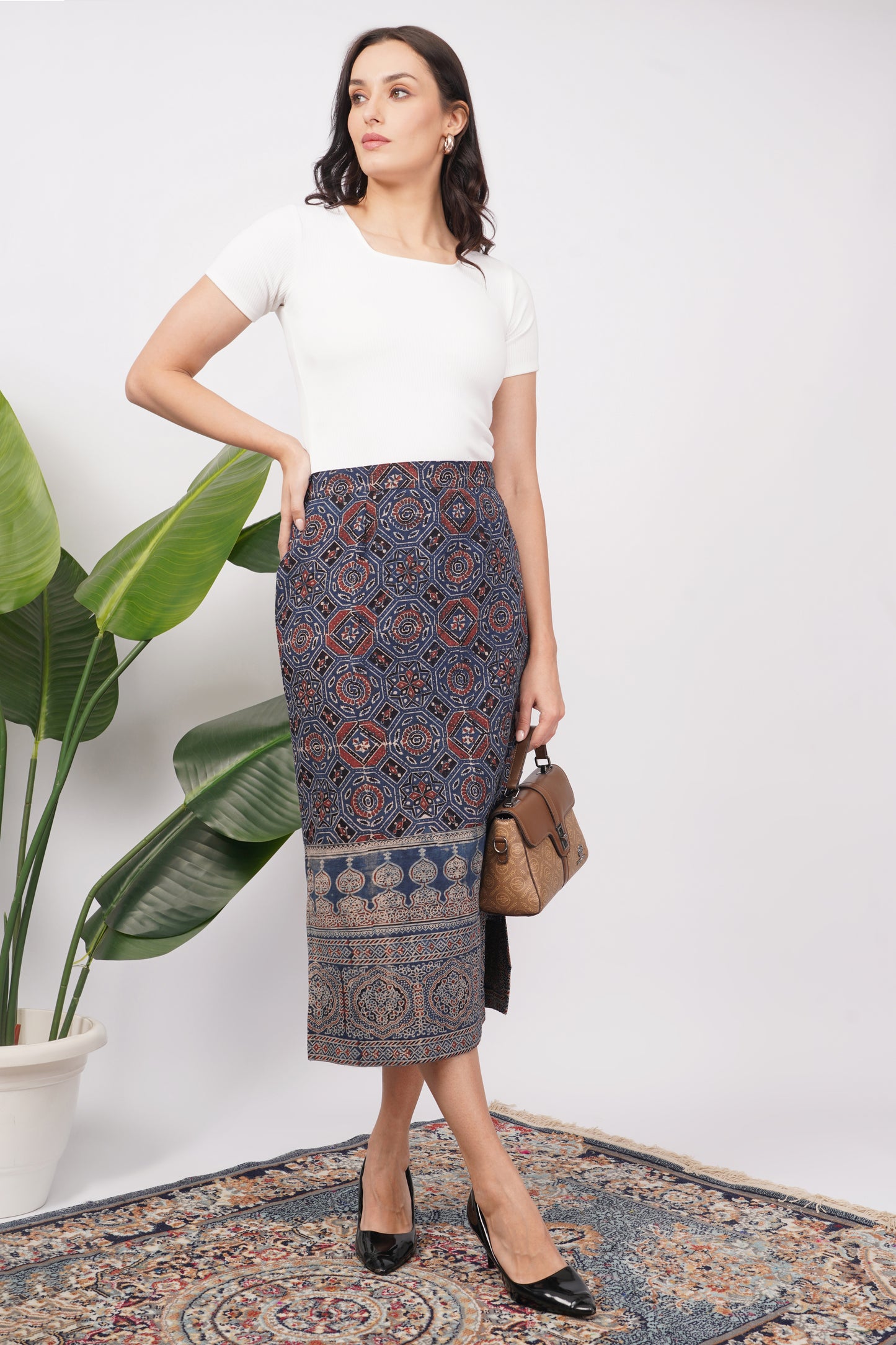 Navy soft cotton Ajrak handprinted skirt for women