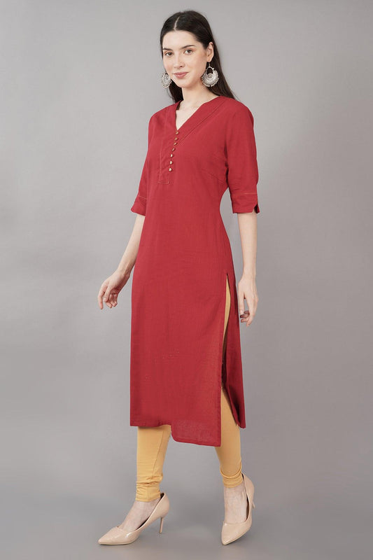 Red V-Neck Straight cotton Kurta Navsyaa