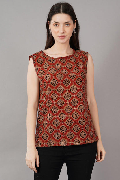 Rust Ajrak Print Slim Fit Top Navsyaa