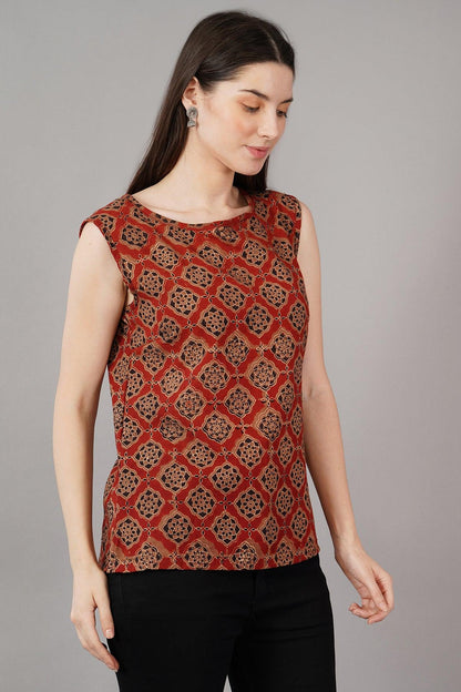 Rust Ajrak Print Slim Fit Top Navsyaa