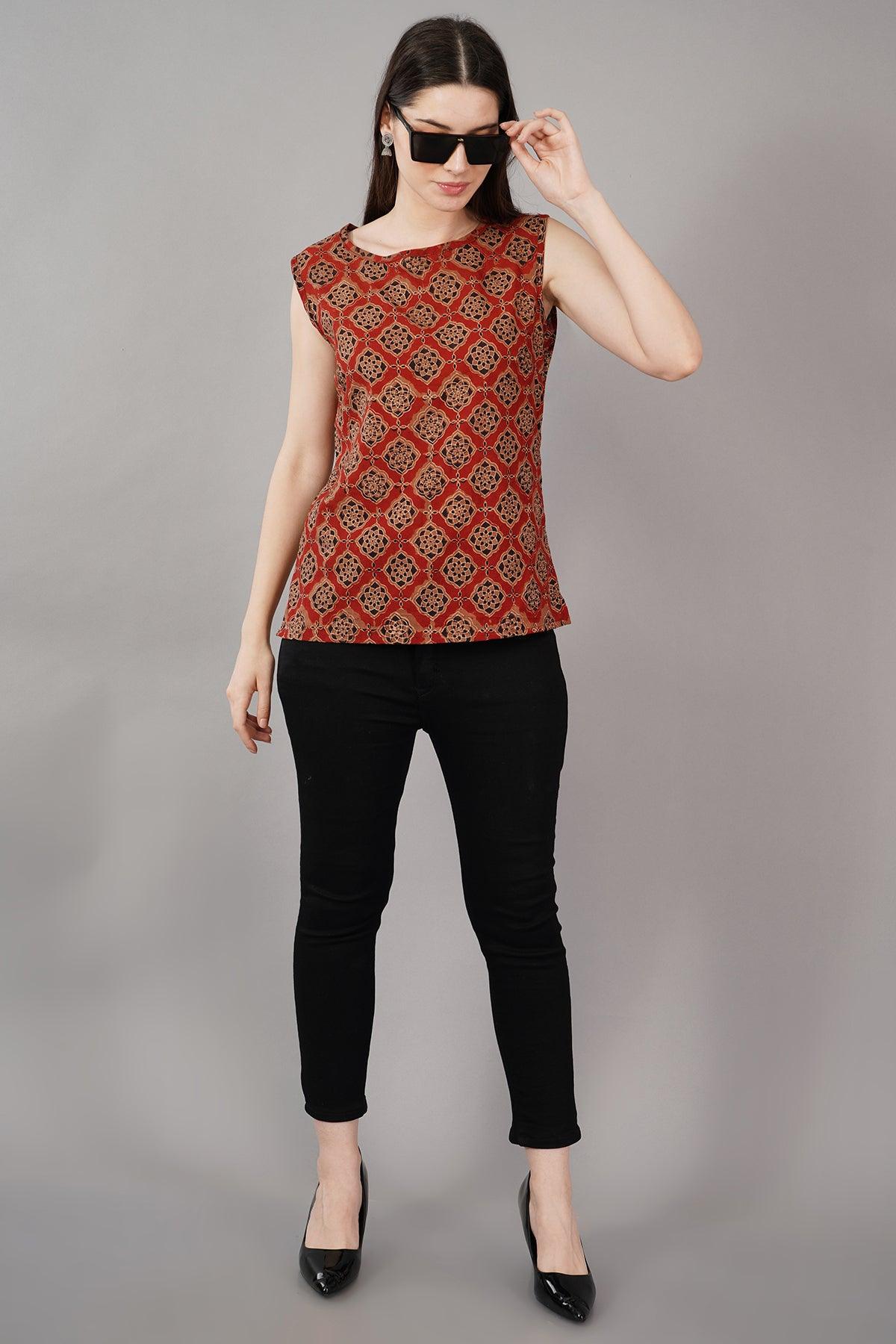 Rust Ajrak Print Slim Fit Top Navsyaa