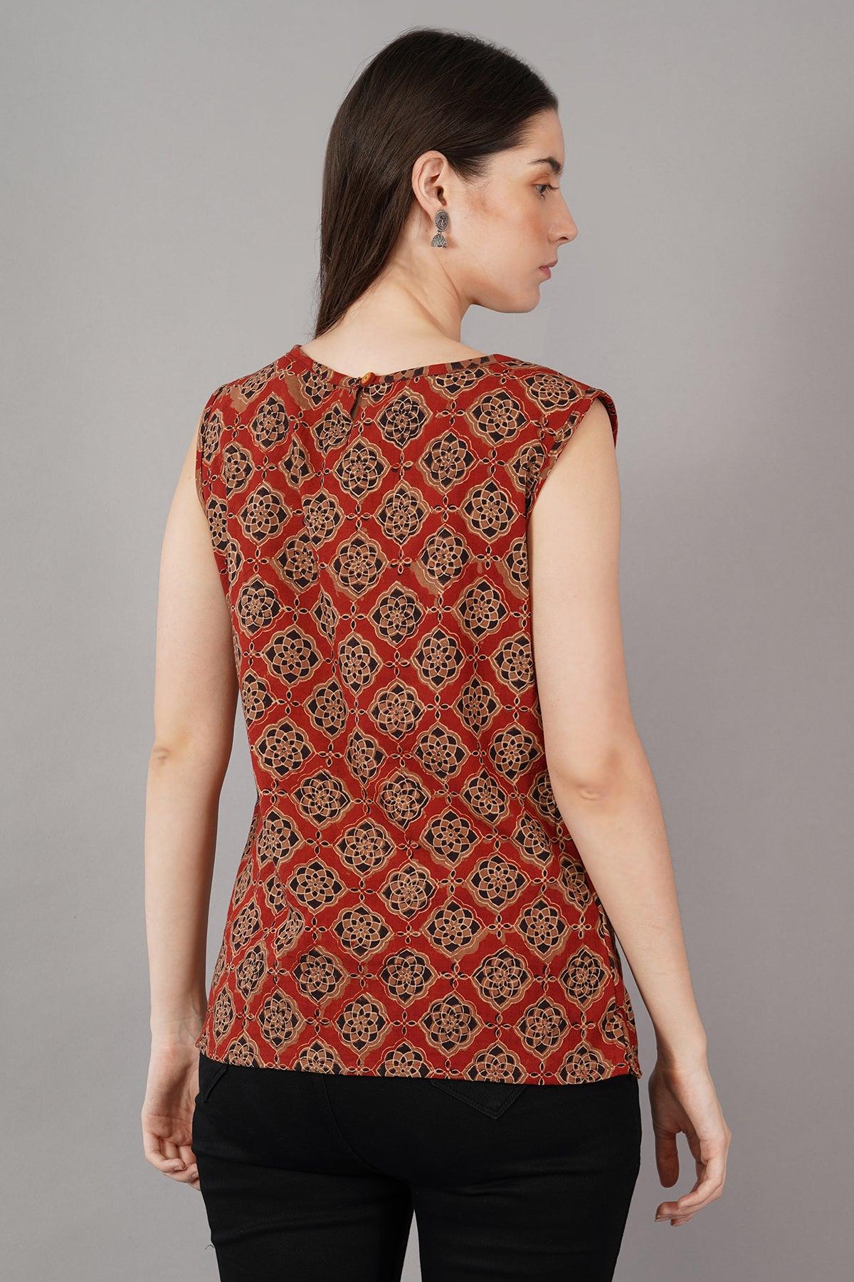 Rust Ajrak Print Slim Fit Top Navsyaa