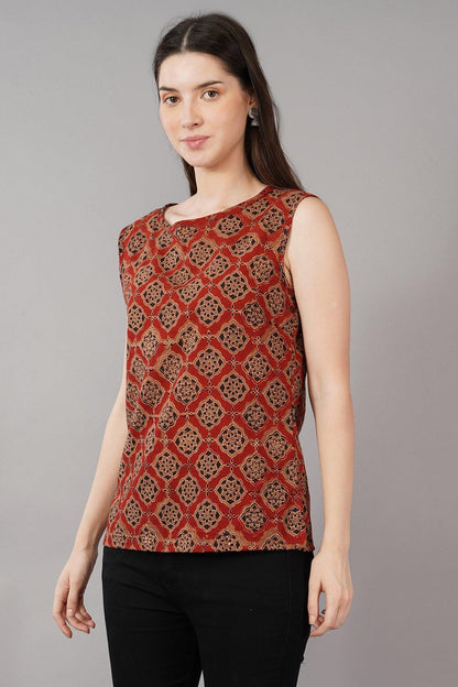 Rust Ajrak Print Slim Fit Top Navsyaa