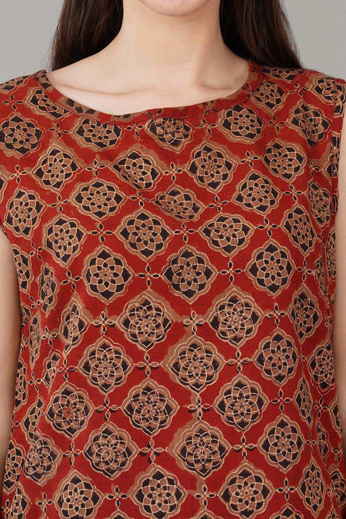 Rust Ajrak Print Slim Fit Top Navsyaa