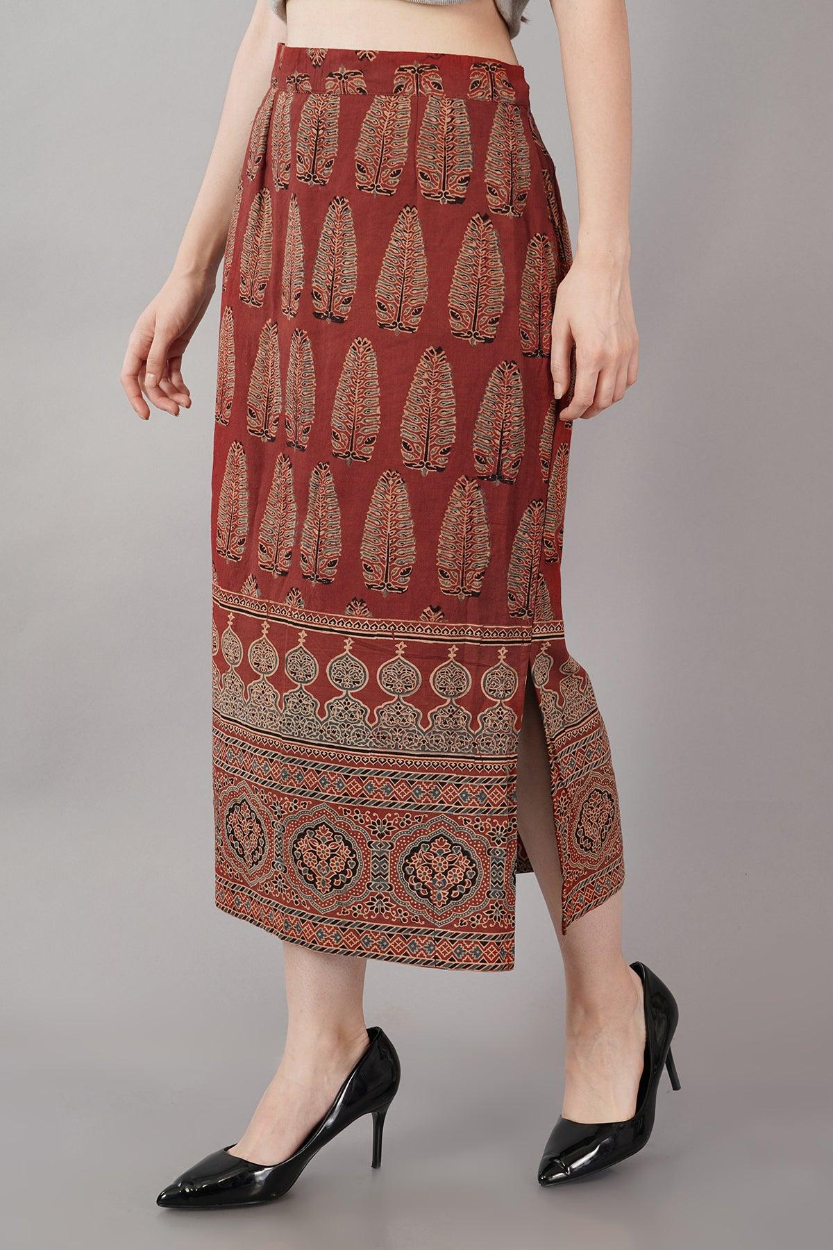 Rust Ajrakh Print Straight Skirt Navsyaa