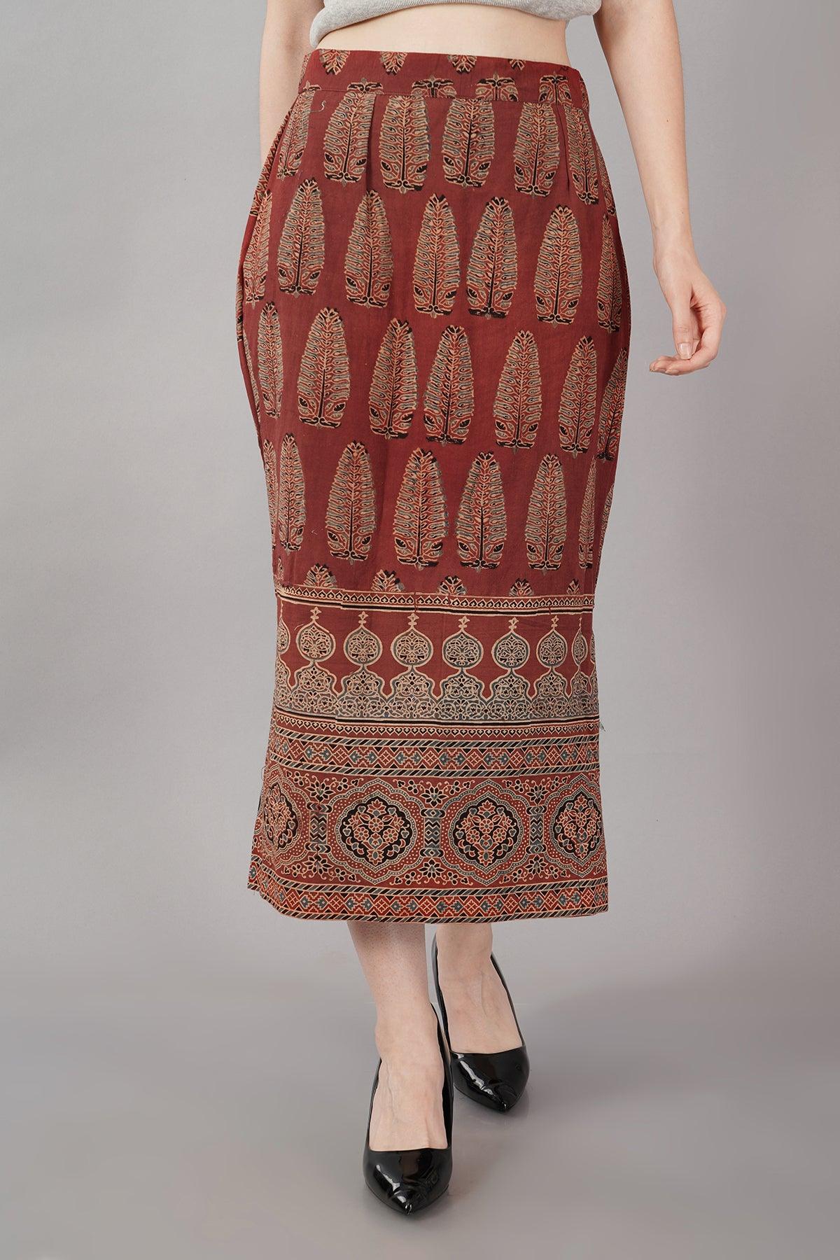 Rust Ajrakh Print Straight Skirt Navsyaa