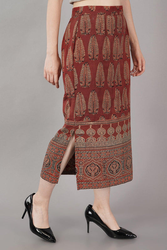 Rust Ajrakh Print Straight Skirt Navsyaa