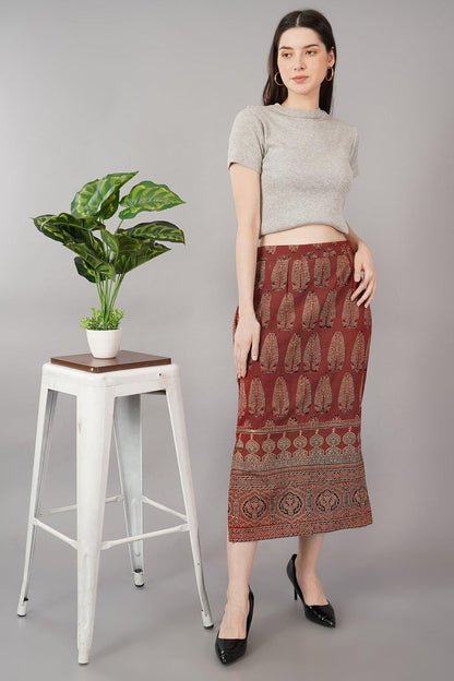 Rust Ajrakh Print Straight Skirt Navsyaa