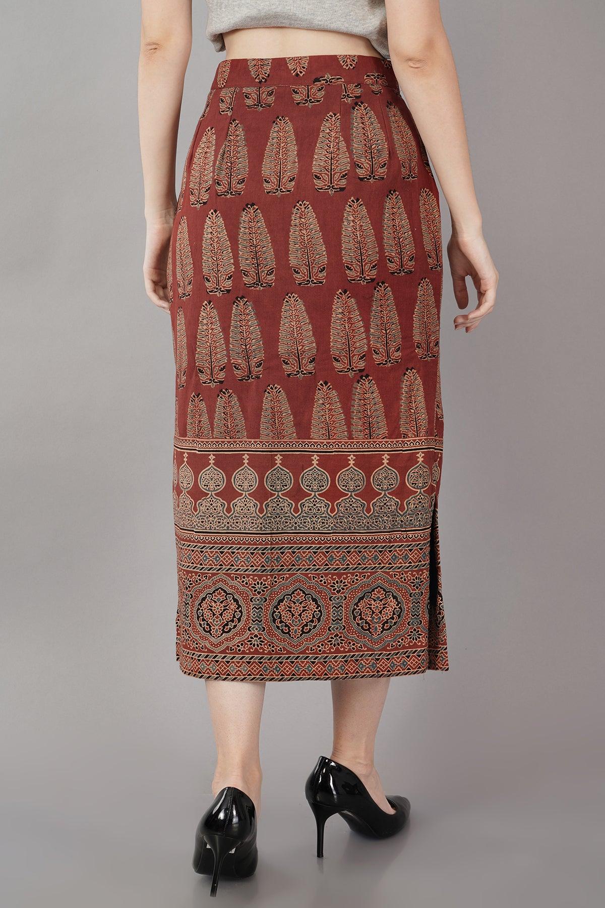 Rust Ajrakh Print Straight Skirt Navsyaa