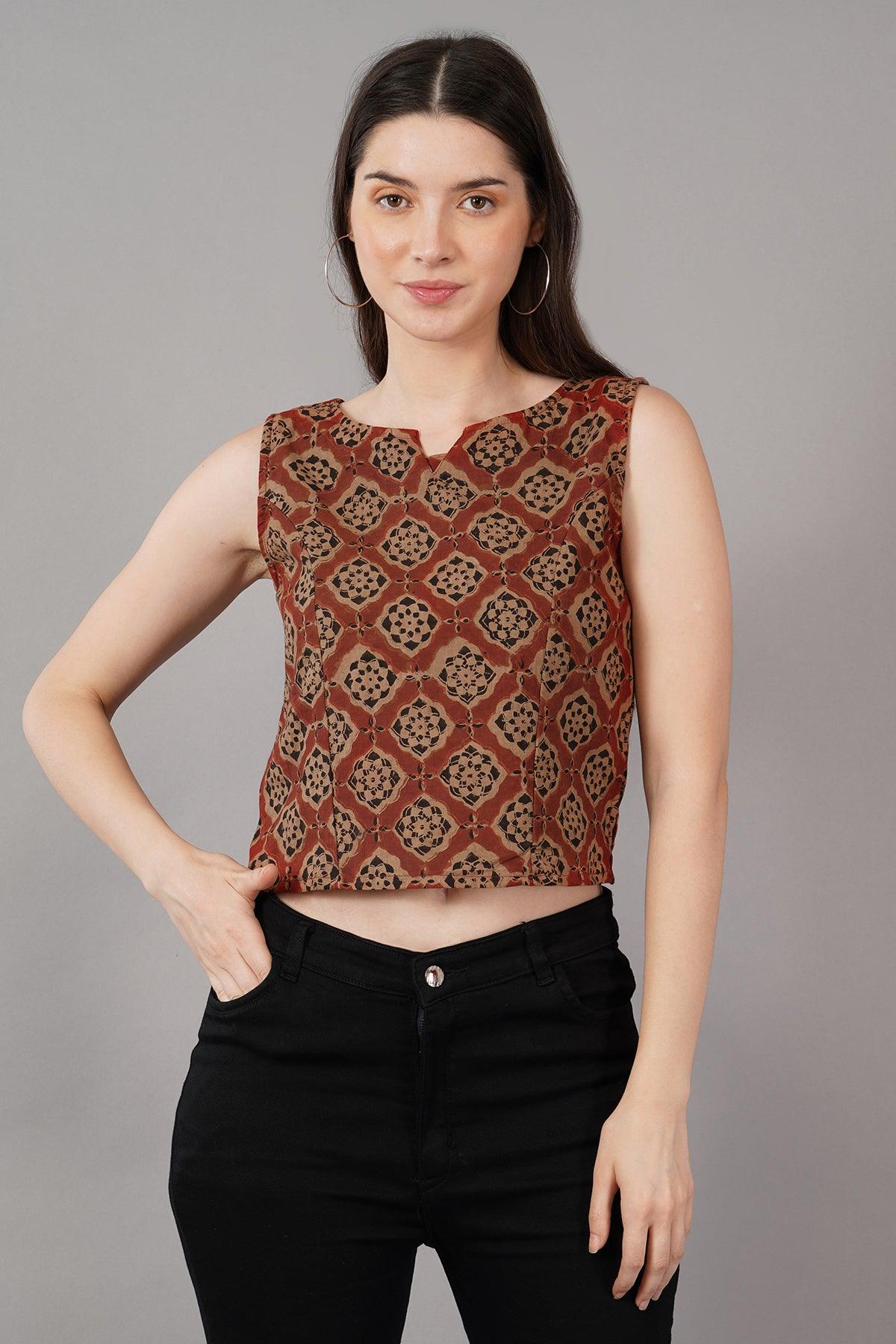 Rust Ajrakh print cotton crop top Navsyaa