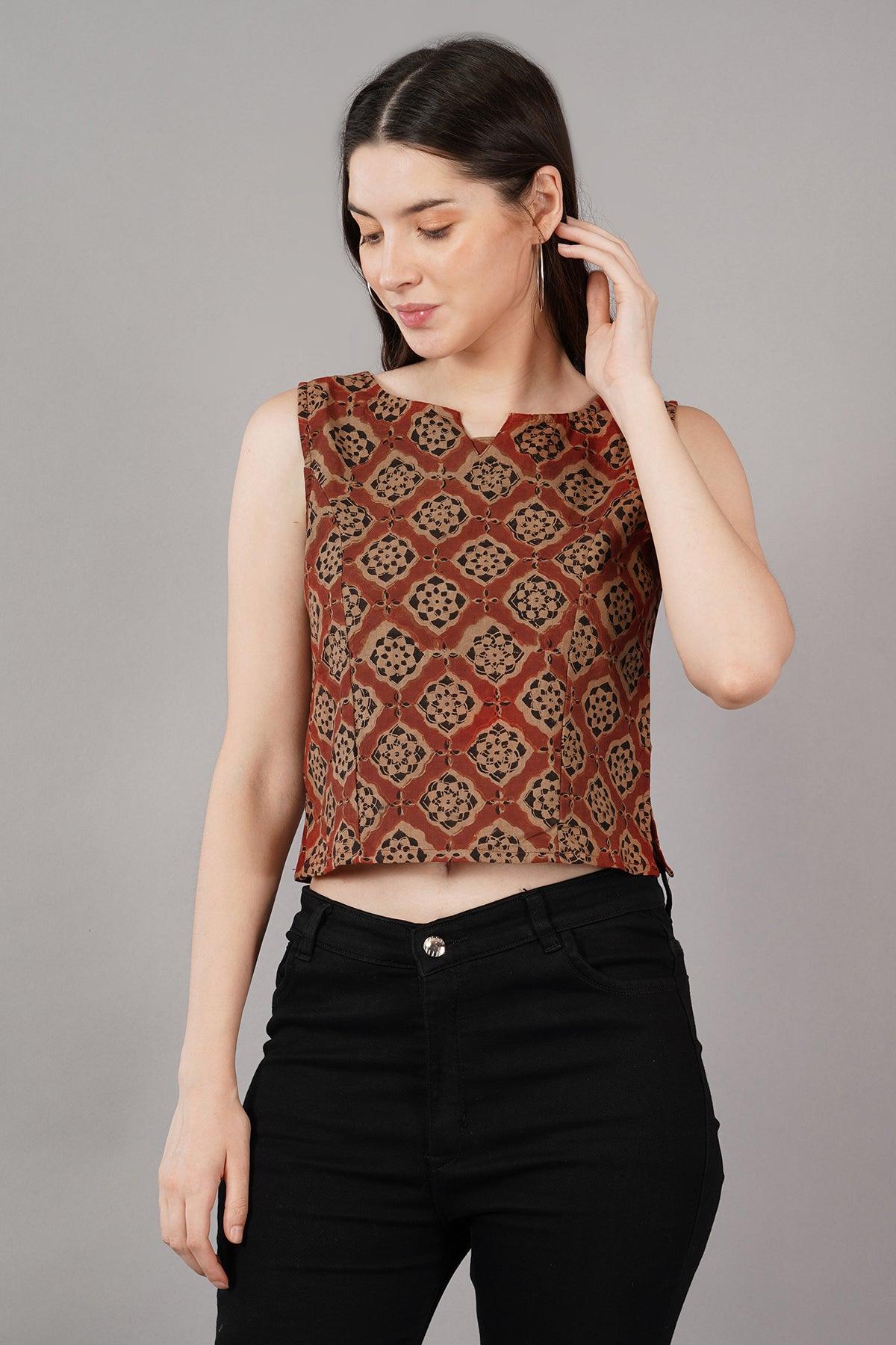 Rust Ajrakh print cotton crop top Navsyaa