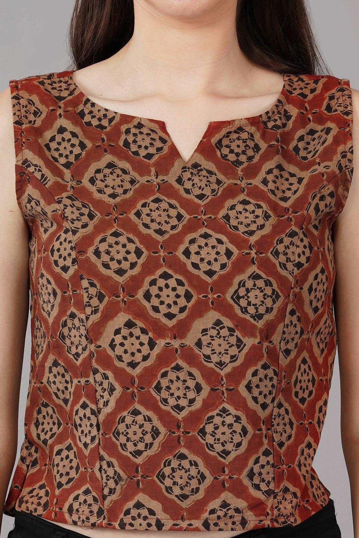 Rust Ajrakh print cotton crop top Navsyaa