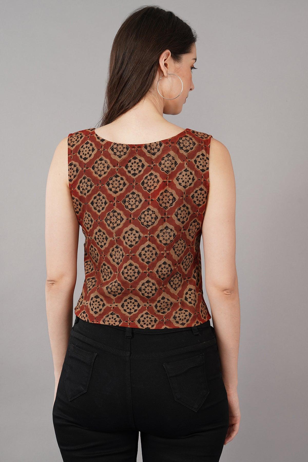 Rust Ajrakh print cotton crop top Navsyaa