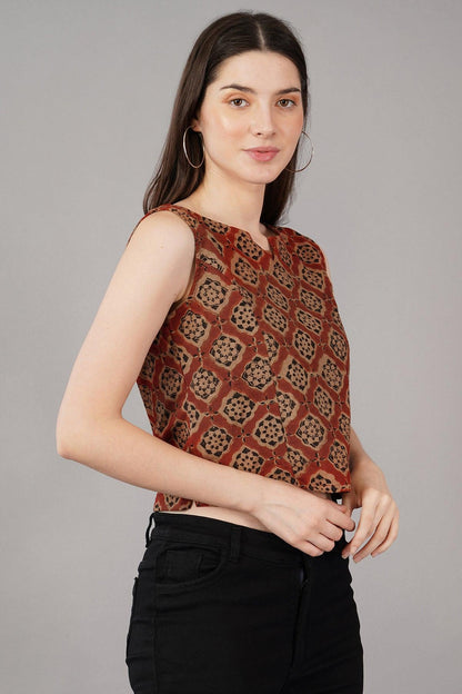 Rust Ajrakh print cotton crop top Navsyaa