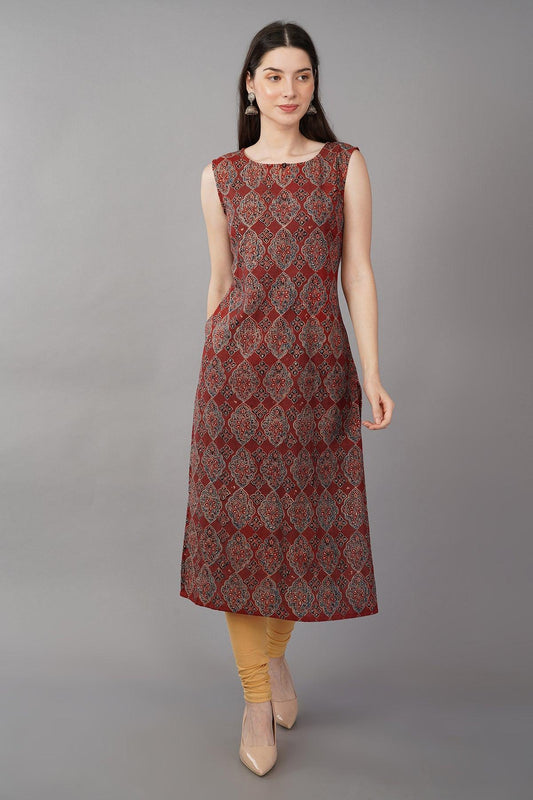 Rust Cotton Ajrakh Printed Long Kurta Navsyaa