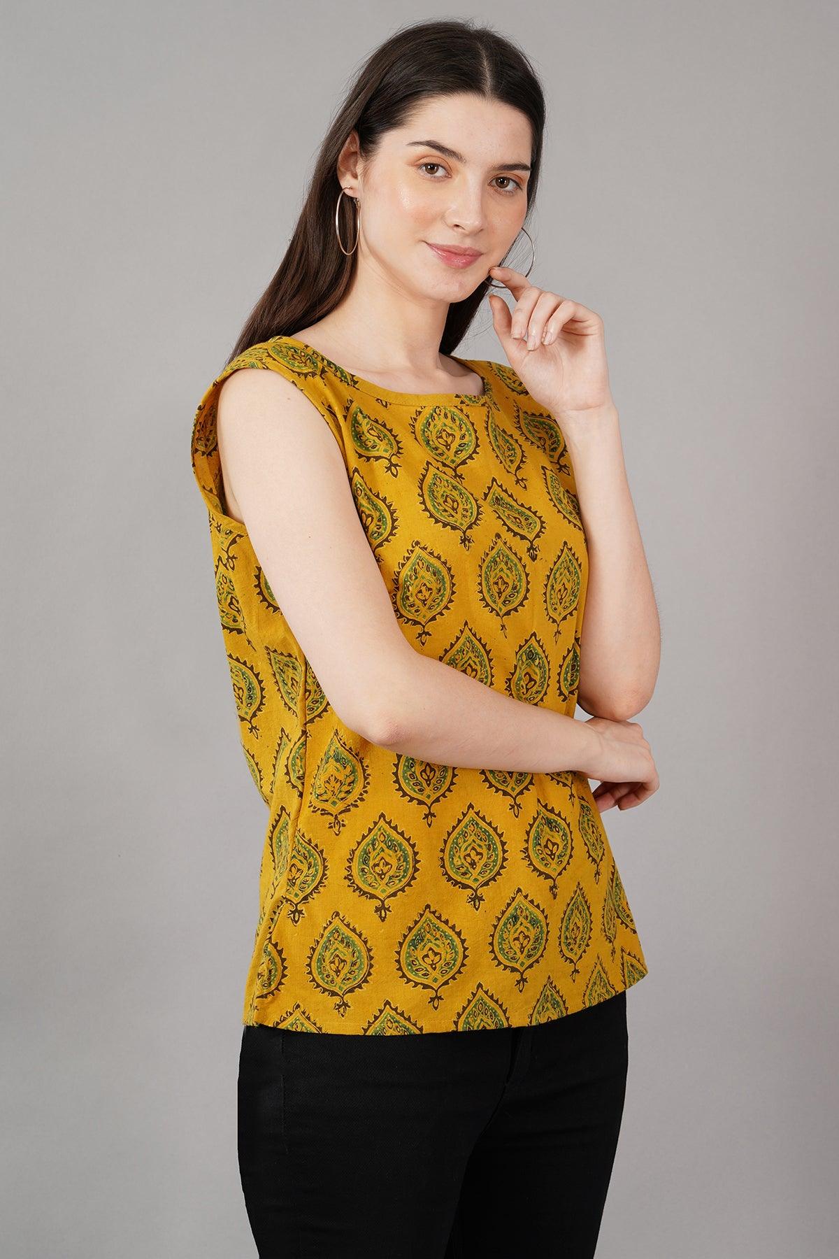 Yellow Ajrak Print Slim Fit Top Navsyaa